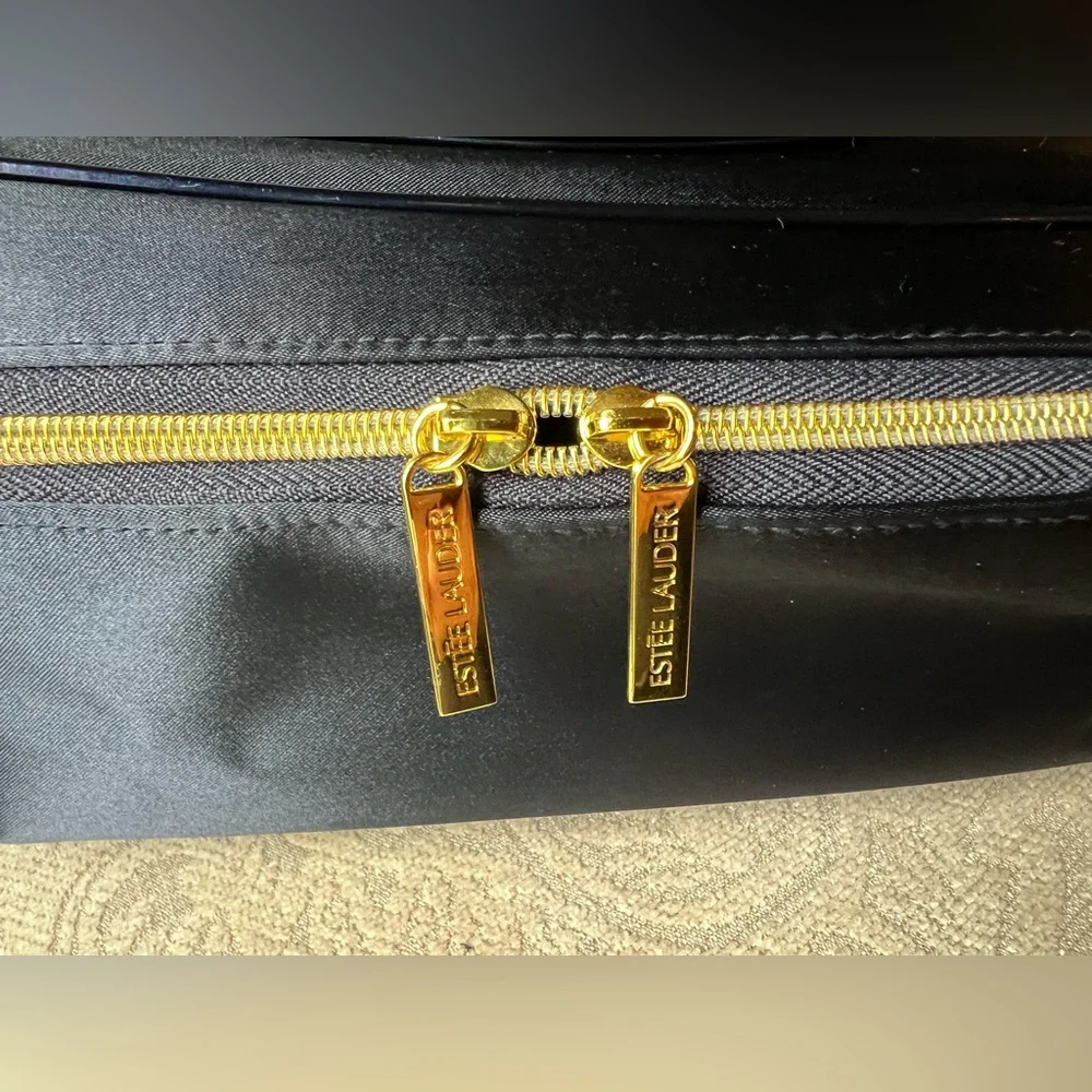 Estée Lauder Navy Train Case Gold Hardware Structured Large Makeup Vanity Box
